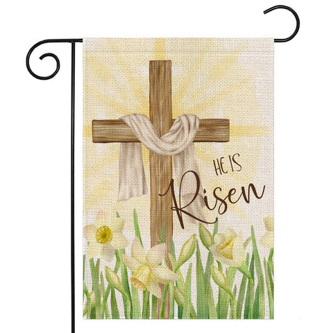 EKOREST Easter Cross Flag He is Risen with narcissus decor for spring porch appeal
