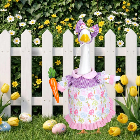 EKOREST carrot accessory enhances colorful Easter costume on lawn statue.