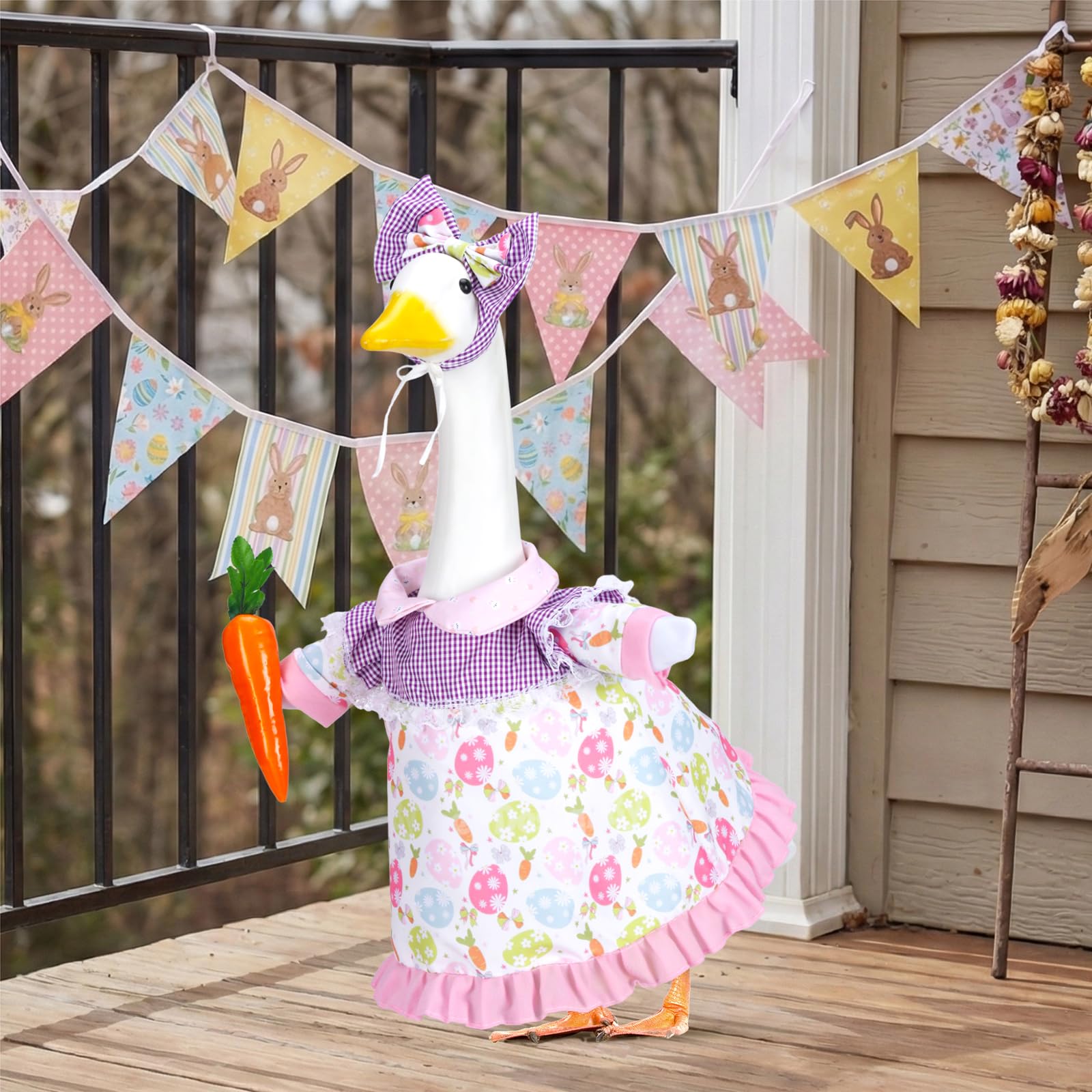EKOREST Easter goose outfit headband adds playful charm to outdoor statue.