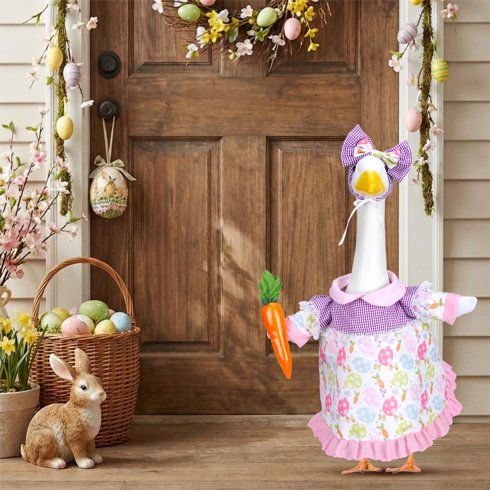 EKOREST goose outfit on statue ready for spring yard display.