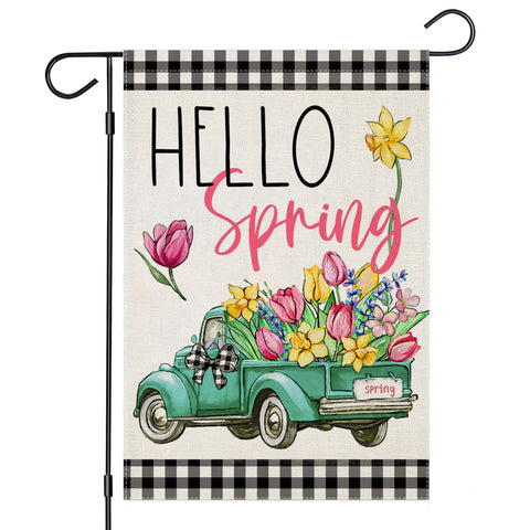 EKOREST Hello Spring flag with buffalo plaid truck for vibrant curb appeal