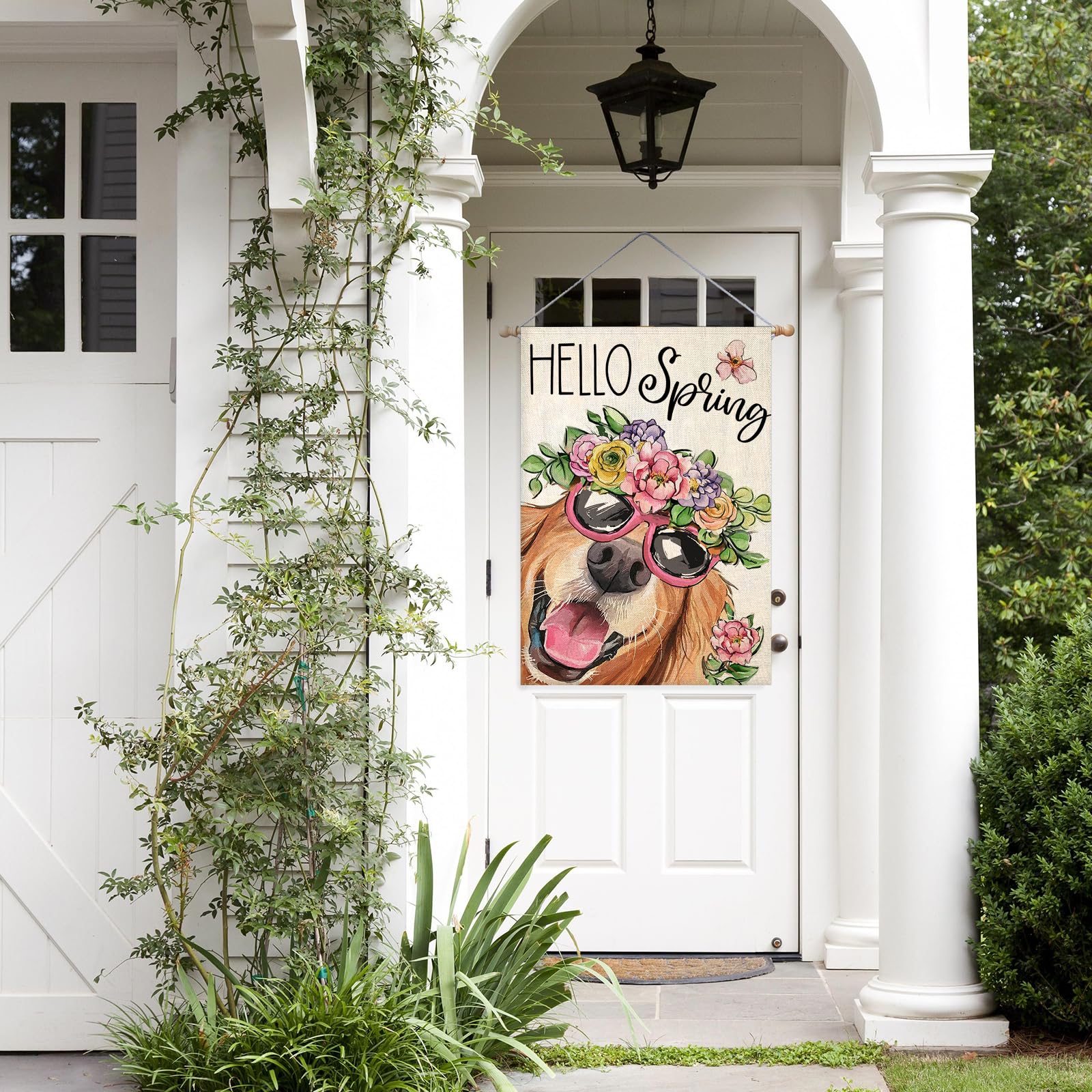 EKOREST Hello Spring flag dog with flowers detail emphasizes cheerful porch appeal.