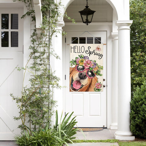 EKOREST Hello Spring flag dog with flowers detail emphasizes cheerful porch appeal.