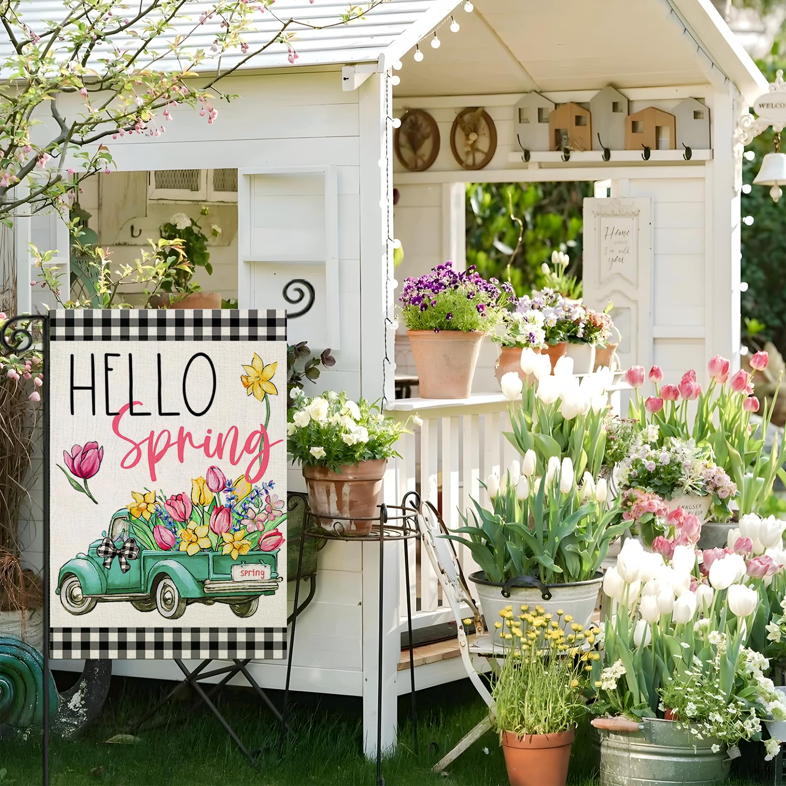 EKOREST Hello Spring flag double-sided watercolor design in outdoor view