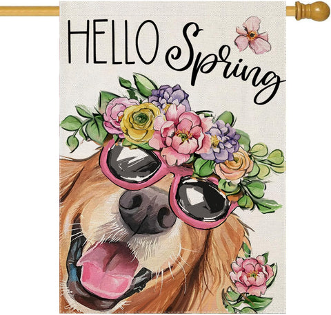 EKOREST Hello Spring flag front view showcases vivid, fade-resistant colors for outdoor display.