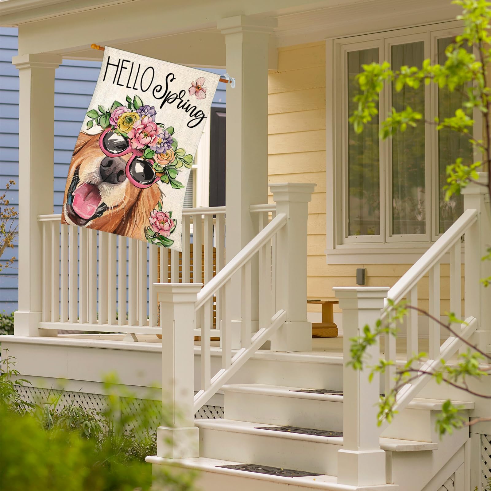EKOREST Hello Spring flag outdoor porch setting boosts curb appeal.