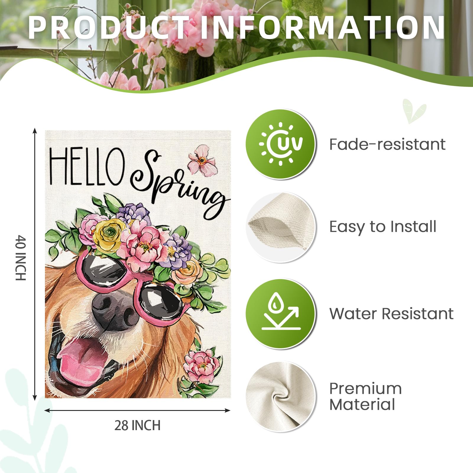 EKOREST Hello Spring flag fabric close-up shows washable, UV-resistant material.
