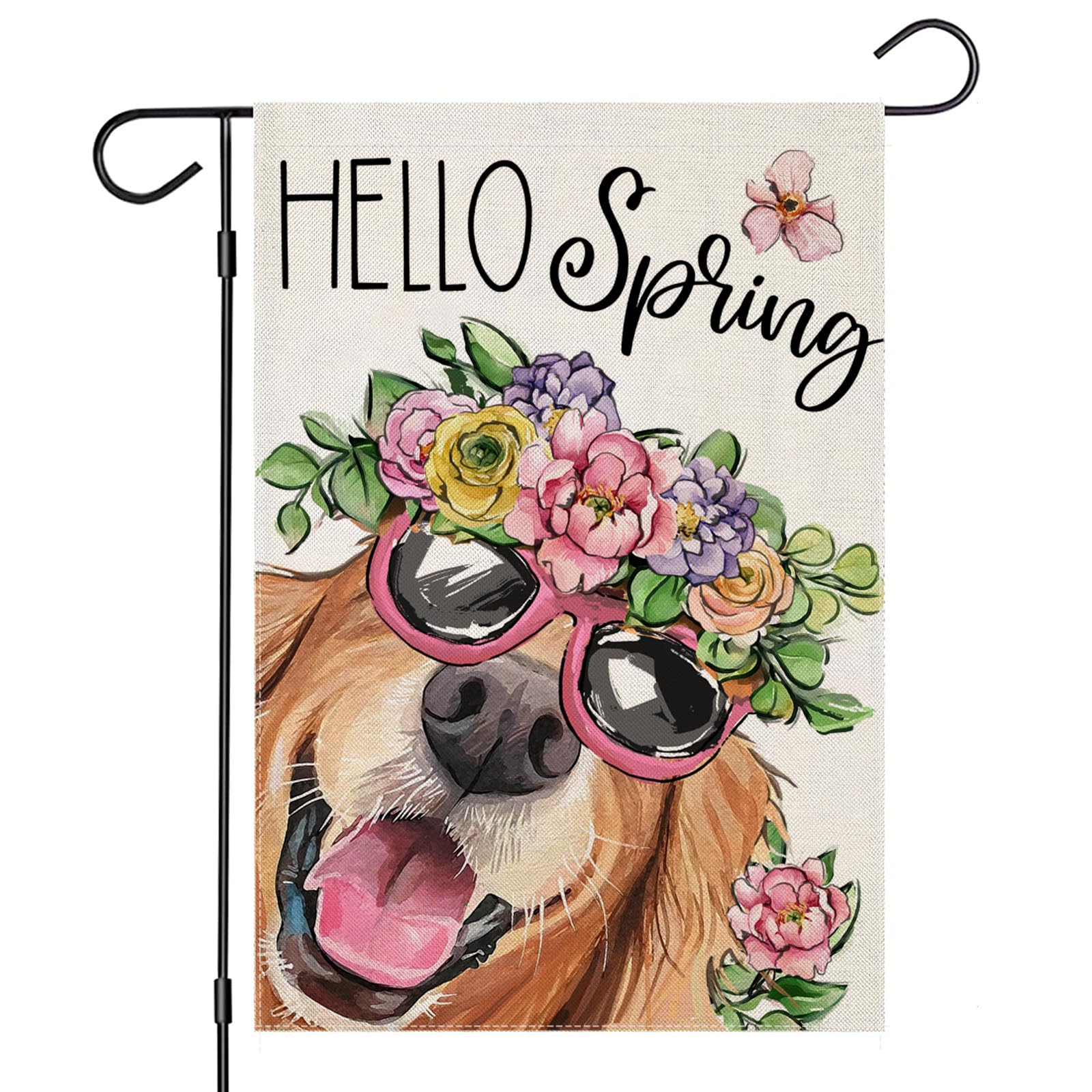 EKOREST Hello Spring garden flag with dog and flowers hat enhances outdoor curb appeal.