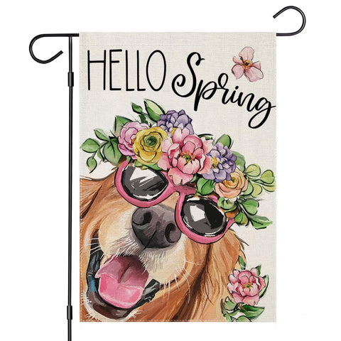 EKOREST Hello Spring garden flag with dog and flowers hat enhances outdoor curb appeal.
