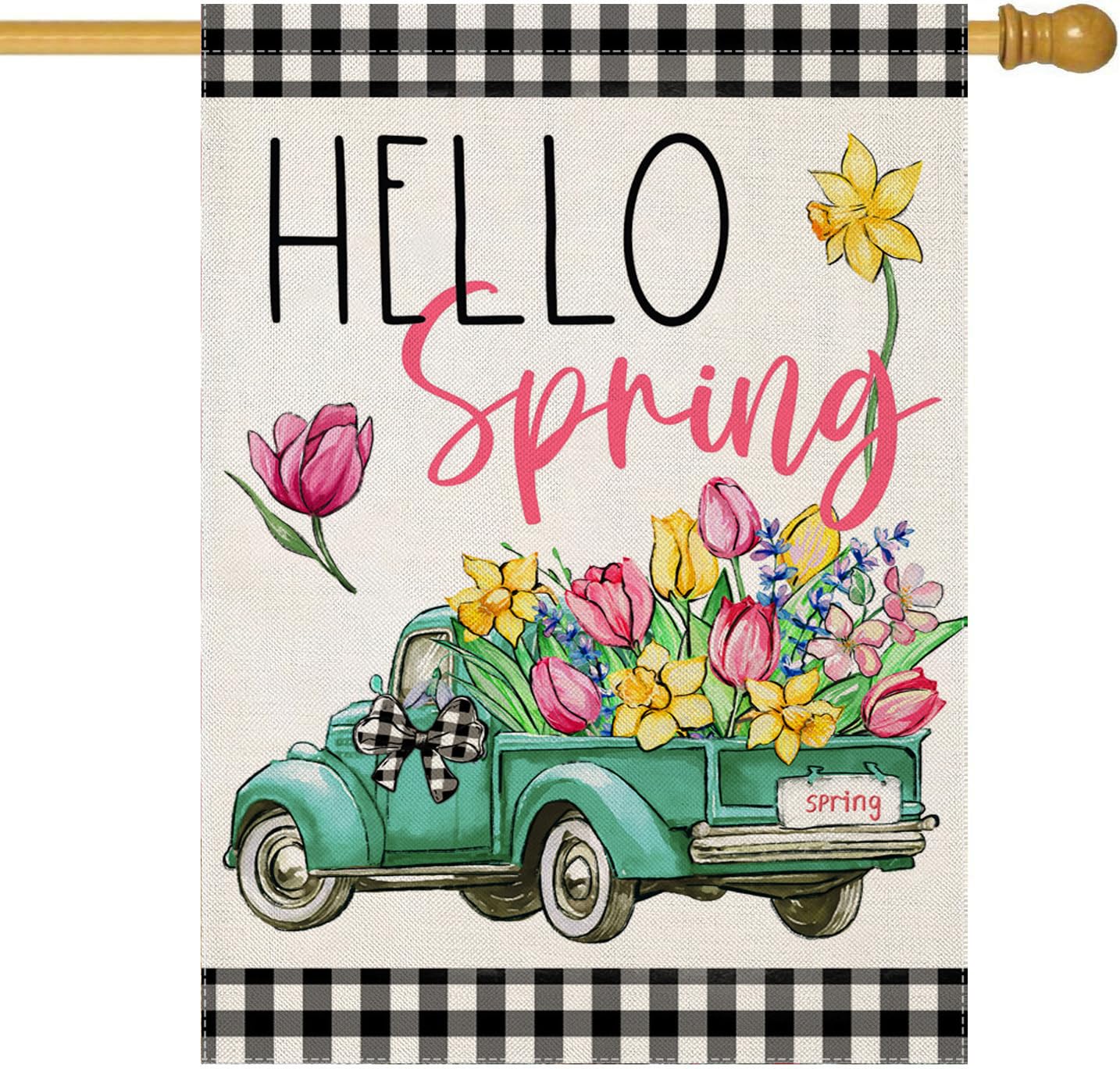 EKOREST Hello Spring flag buffalo plaid truck with flowers for outdoor porch decor.
