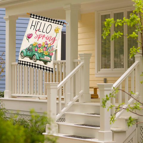 EKOREST Hello Spring flag double-sided print for maximum visibility.