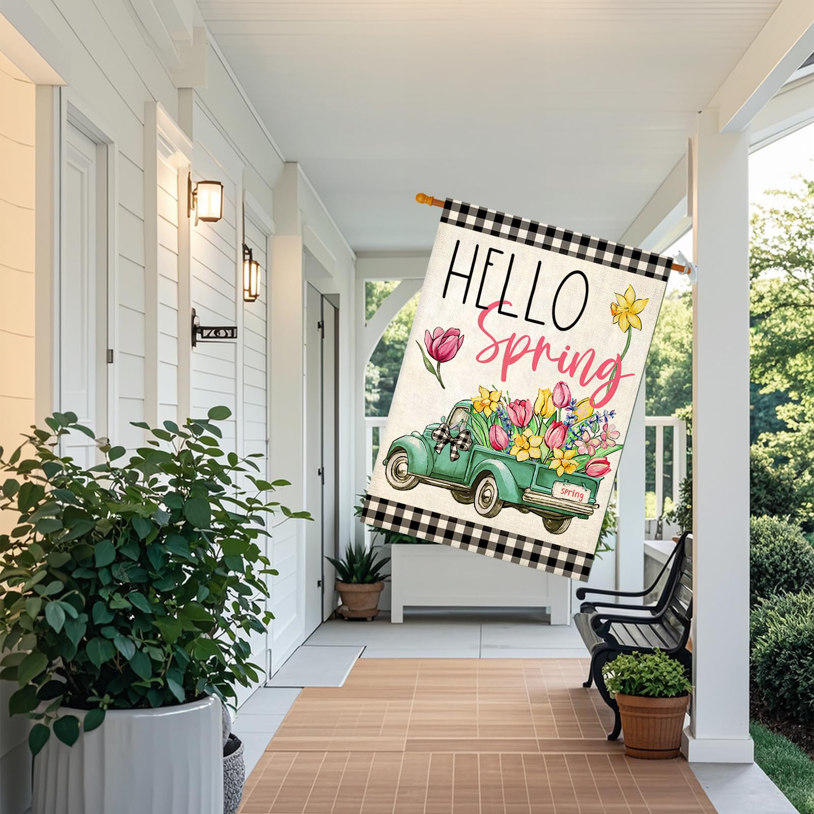 EKOREST Hello Spring flag outdoor yard view with bright colors.