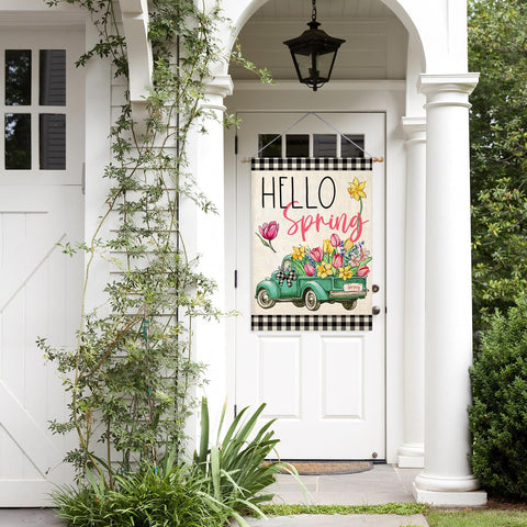 EKOREST Hello Spring flag polyester fabric with UV fade resistance.