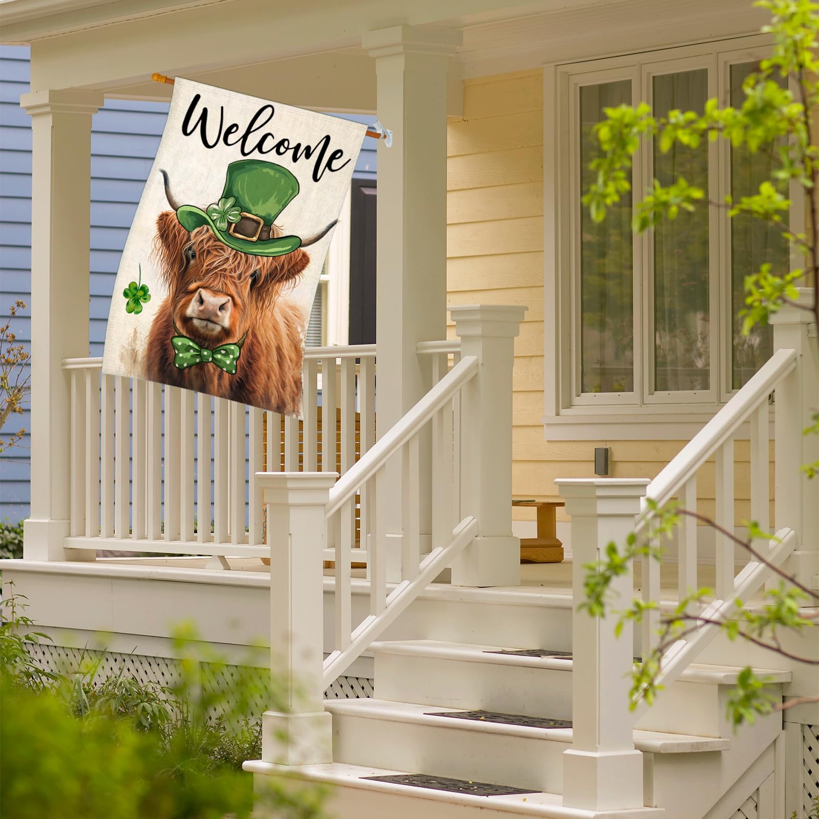 EKOREST Highland Cow with green hat design on flag for seasonal farmhouse porch display.