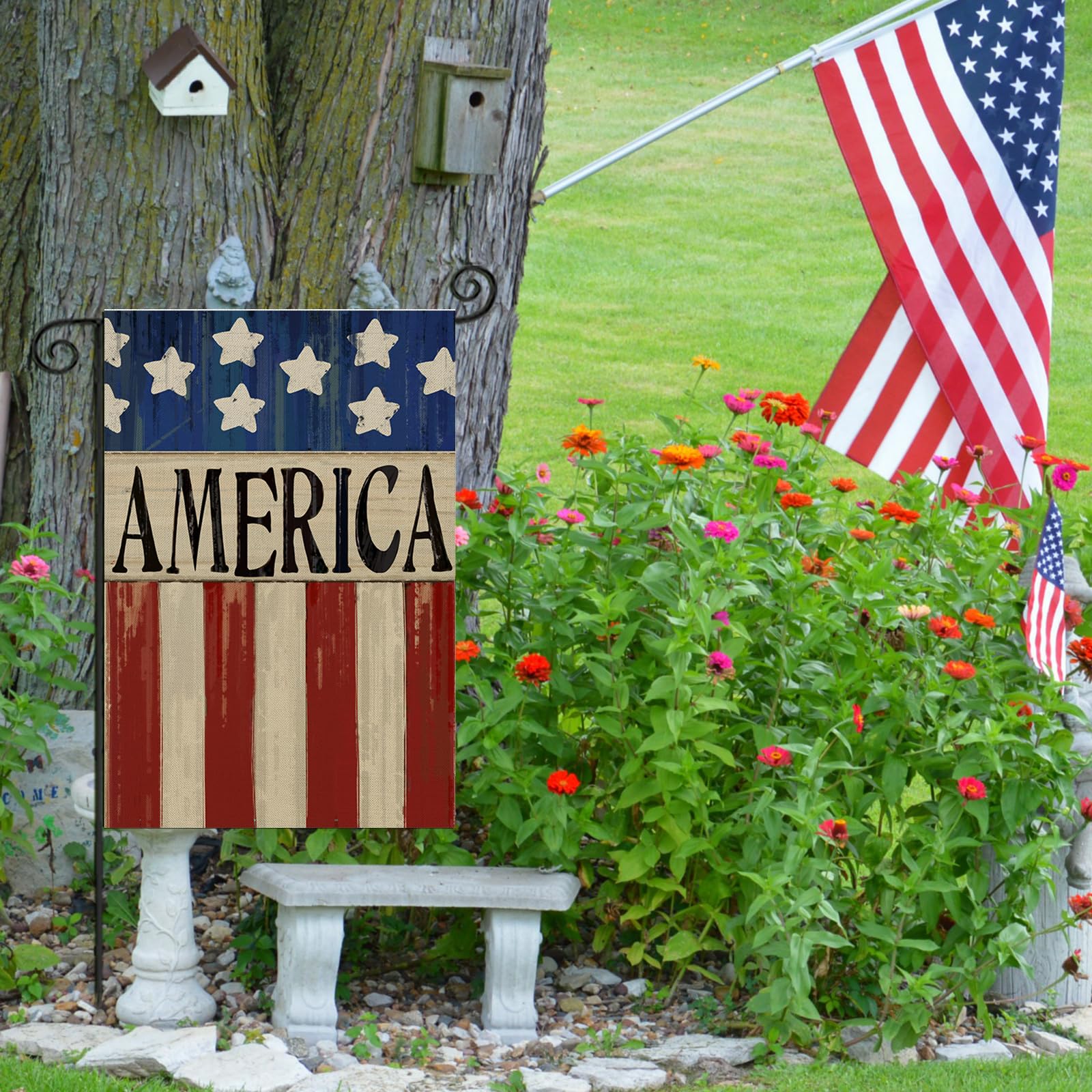 EKOREST 12x18 independence day yard flag decorates pathways and entryways.