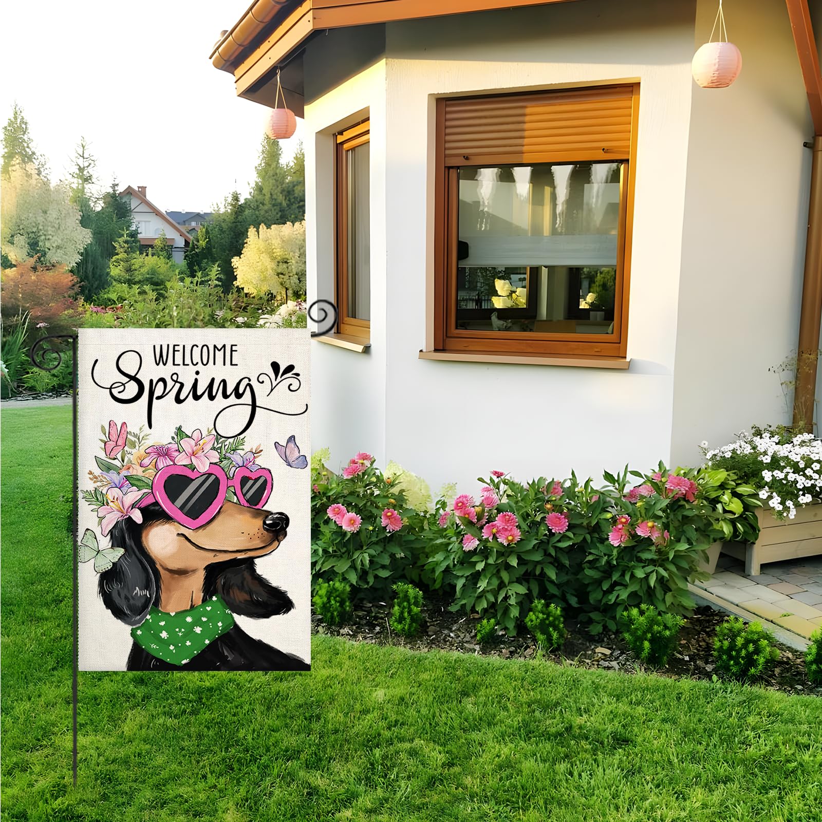 EKOREST flag in bright colors enhances outdoor spring yard decor from multiple angles.