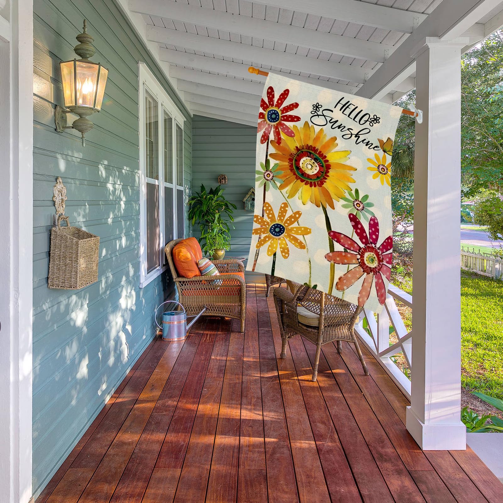 EKOREST Yard flag on porch adds seasonal charm for outdoor gatherings.
