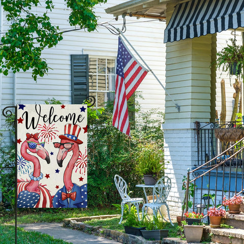 EKOREST patriotic flamingo flag in garden for seasonal curb appeal