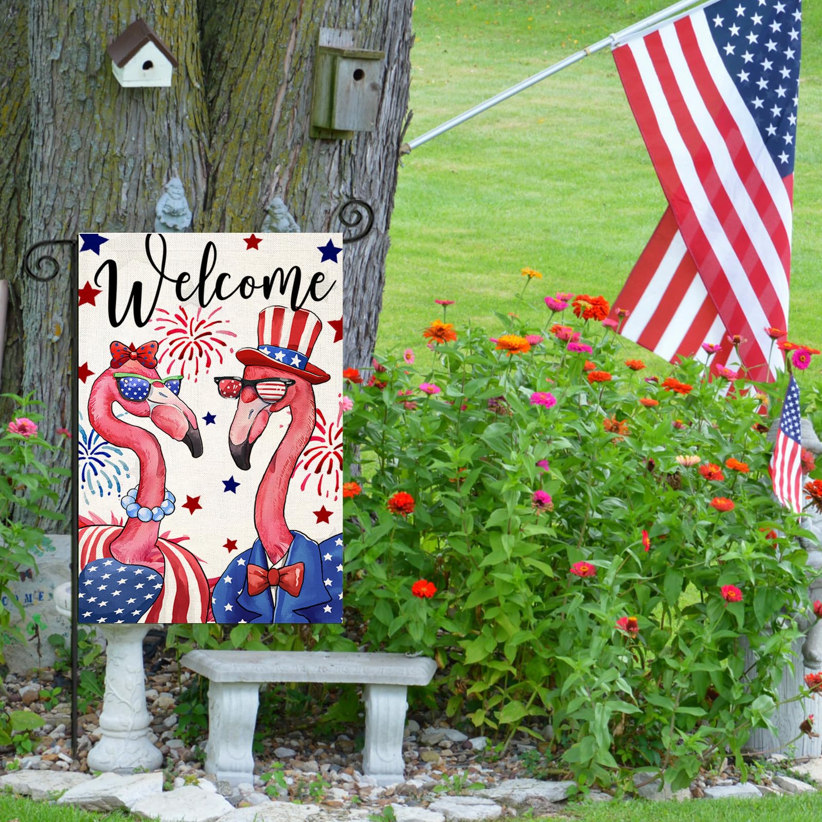 EKOREST 12x18 garden flag hanging in sunny yard for Memorial Day