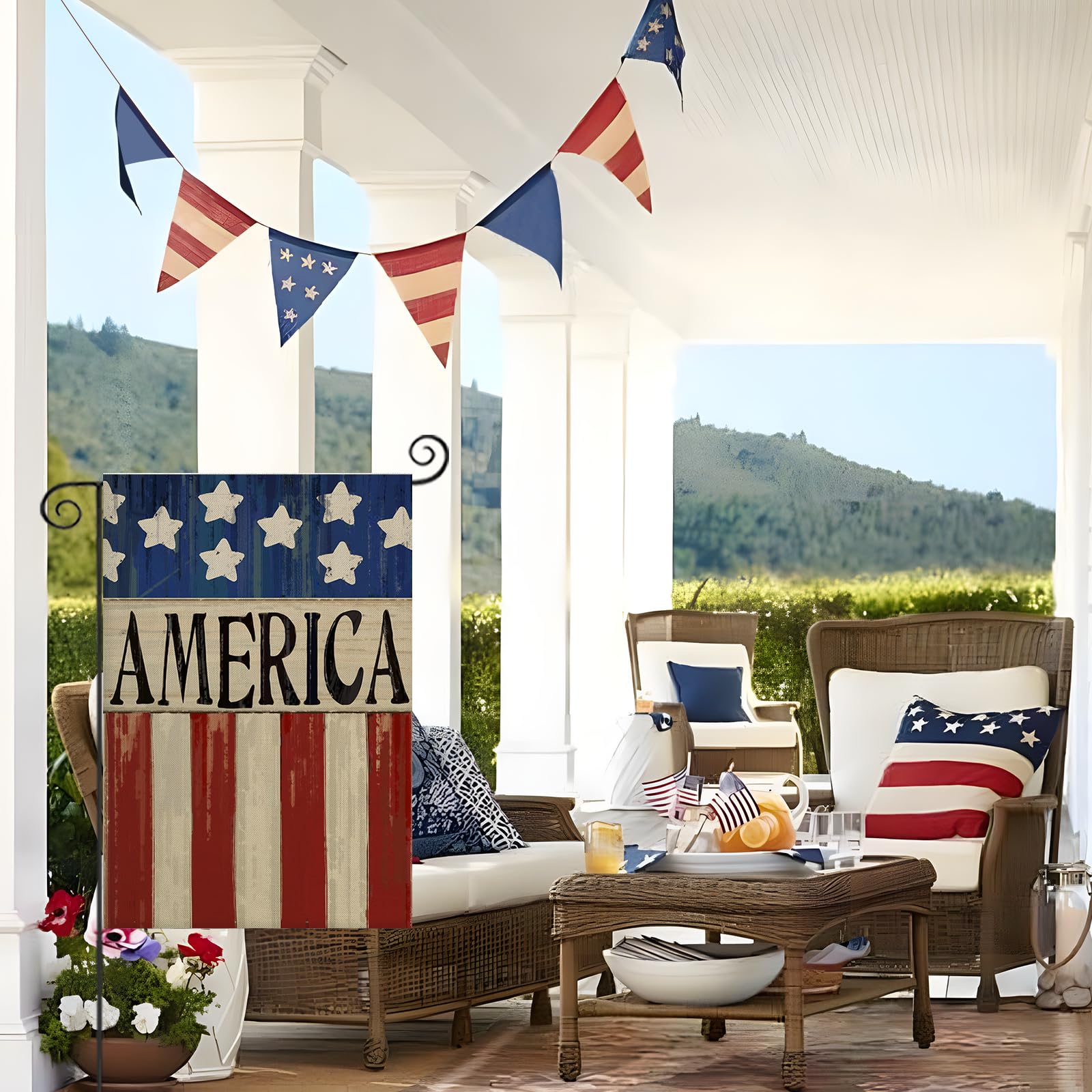 EKOREST patriotic garden flag fluttering in the breeze, durable polyester for long outdoor seasons.