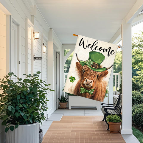 EKOREST flag featuring cheerful shamrocks and Highland Cow imagery, double-sided.