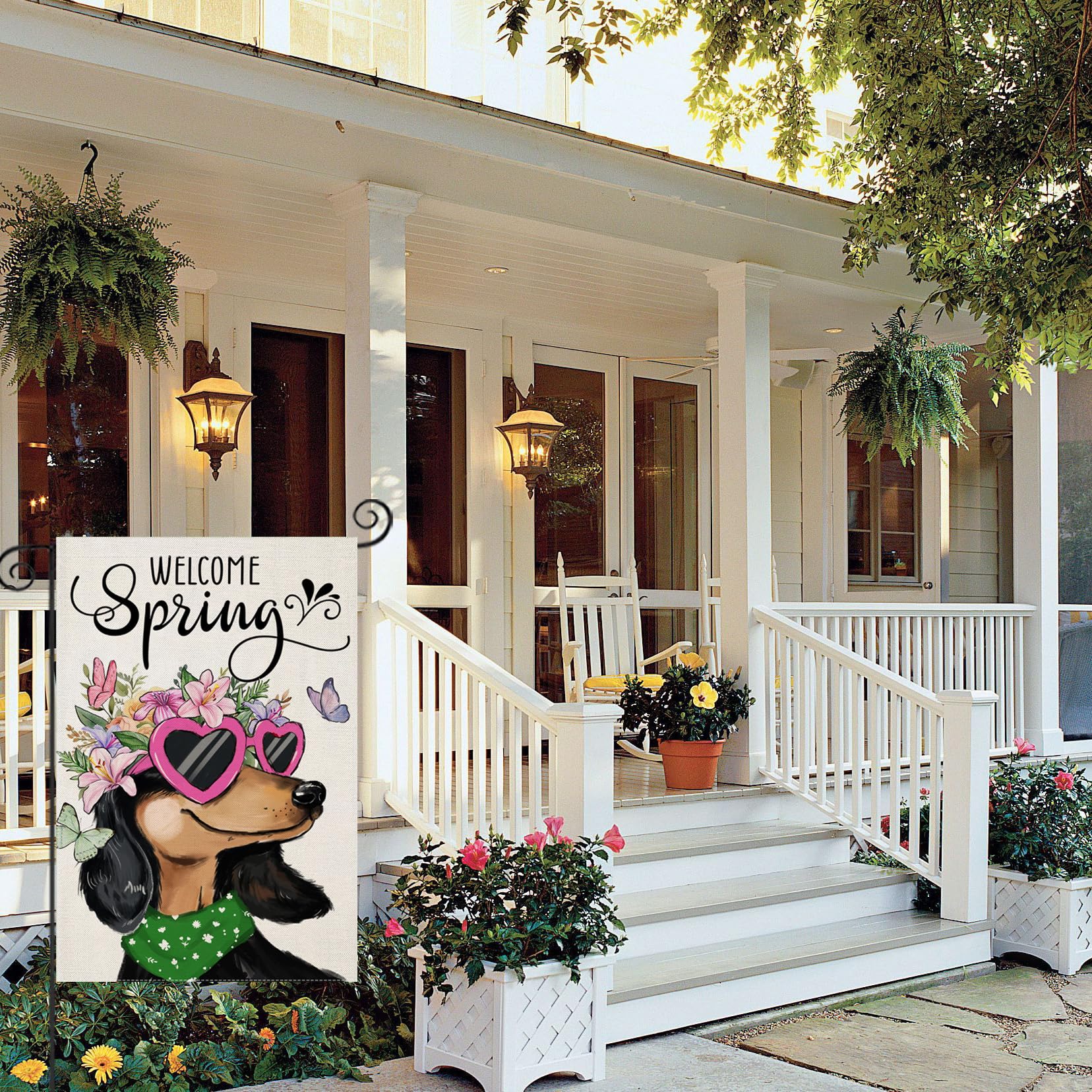 Watercolor dachshund with flowers on EKOREST flag adds vibrant seasonal charm to gardens.