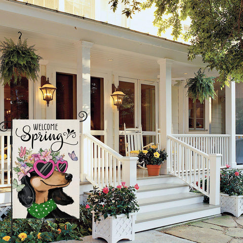 Watercolor dachshund with flowers on EKOREST flag adds vibrant seasonal charm to gardens.
