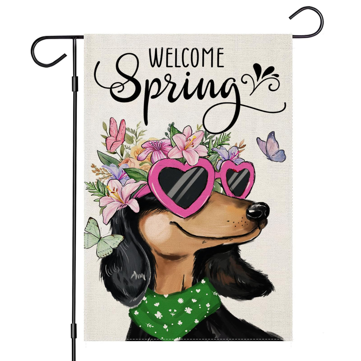EKOREST welcome spring flag with dachshund in sunglasses boosts curb appeal for outdoor spaces.