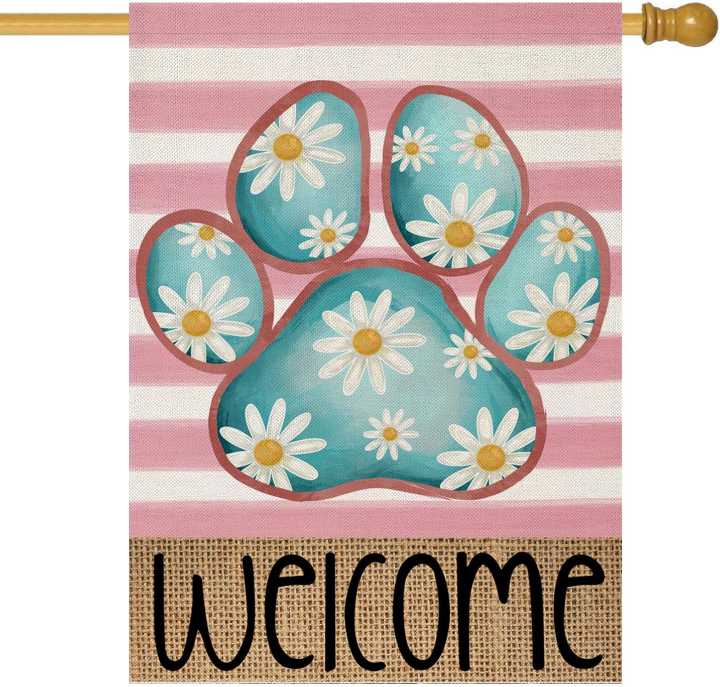 EKOREST welcome spring flag featuring dog paw and daisies on stripes for porch display