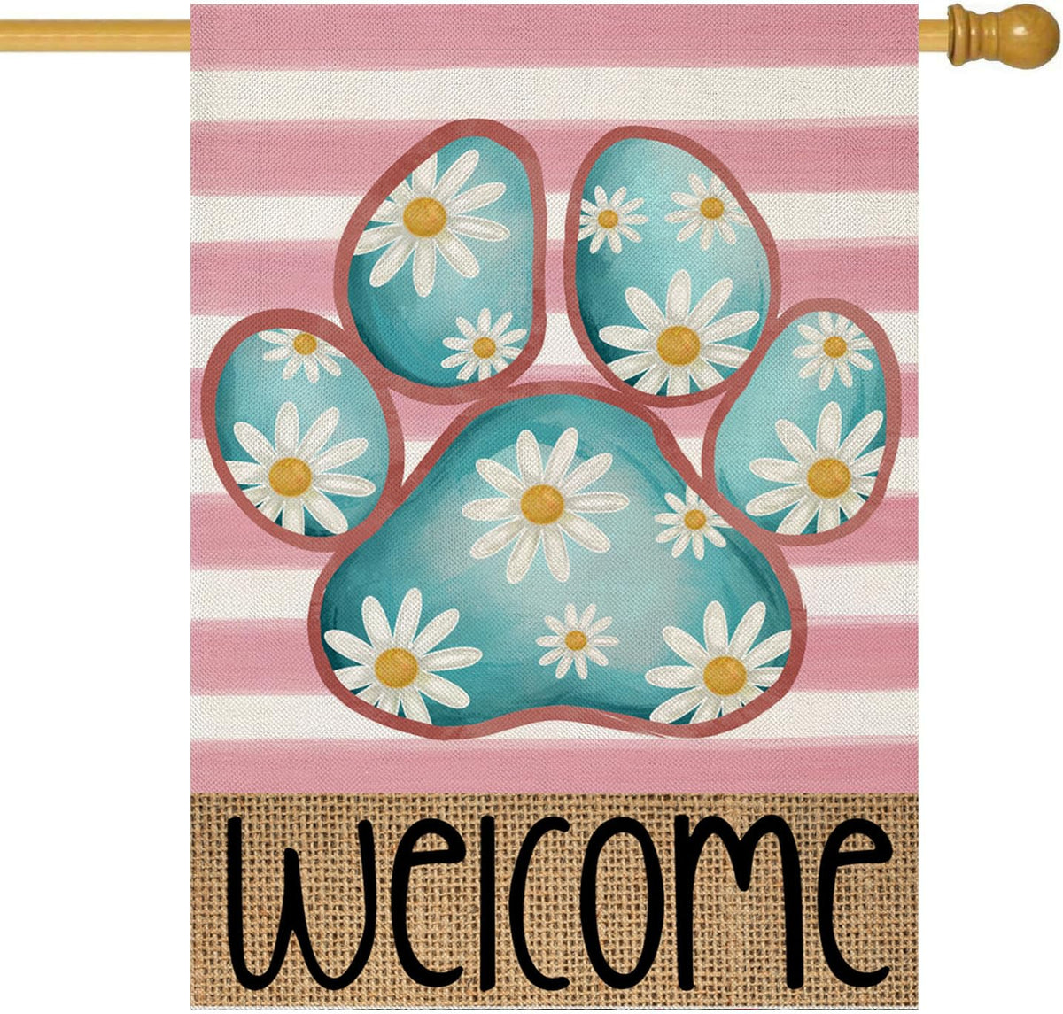 EKOREST welcome spring flag featuring dog paw and daisies on stripes for porch display