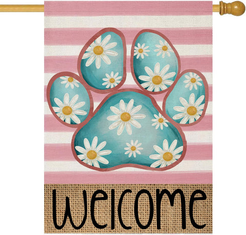 EKOREST welcome spring flag featuring dog paw and daisies on stripes for porch display