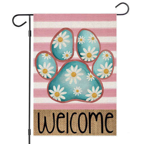 EKOREST Welcome Spring garden flag featuring dog paw and daisies for outdoor display.