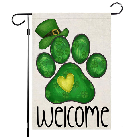 EKOREST Welcome St Patrick's Day flag with Irish dog paw and green hat for outdoor decor.