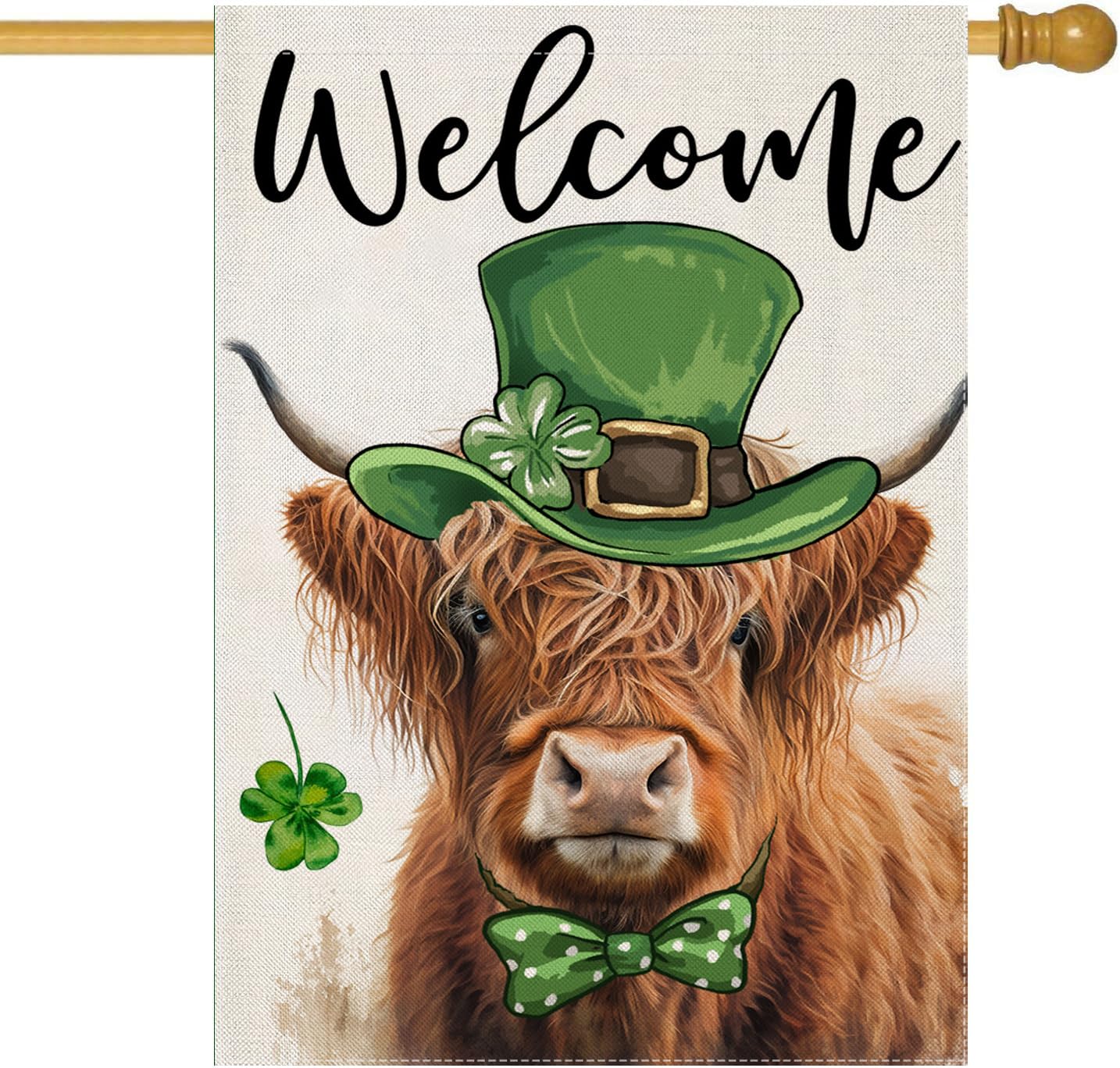 EKOREST welcome St Patrick's Day flag with Highland Cow in green hat for outdoor yard decor.