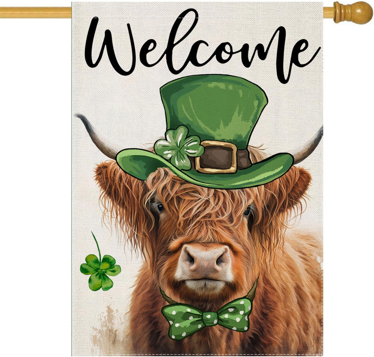 EKOREST welcome St Patrick's Day flag with Highland Cow in green hat for outdoor yard decor.