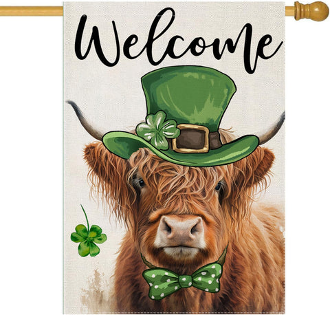 EKOREST welcome St Patrick's Day flag with Highland Cow in green hat for outdoor yard decor.
