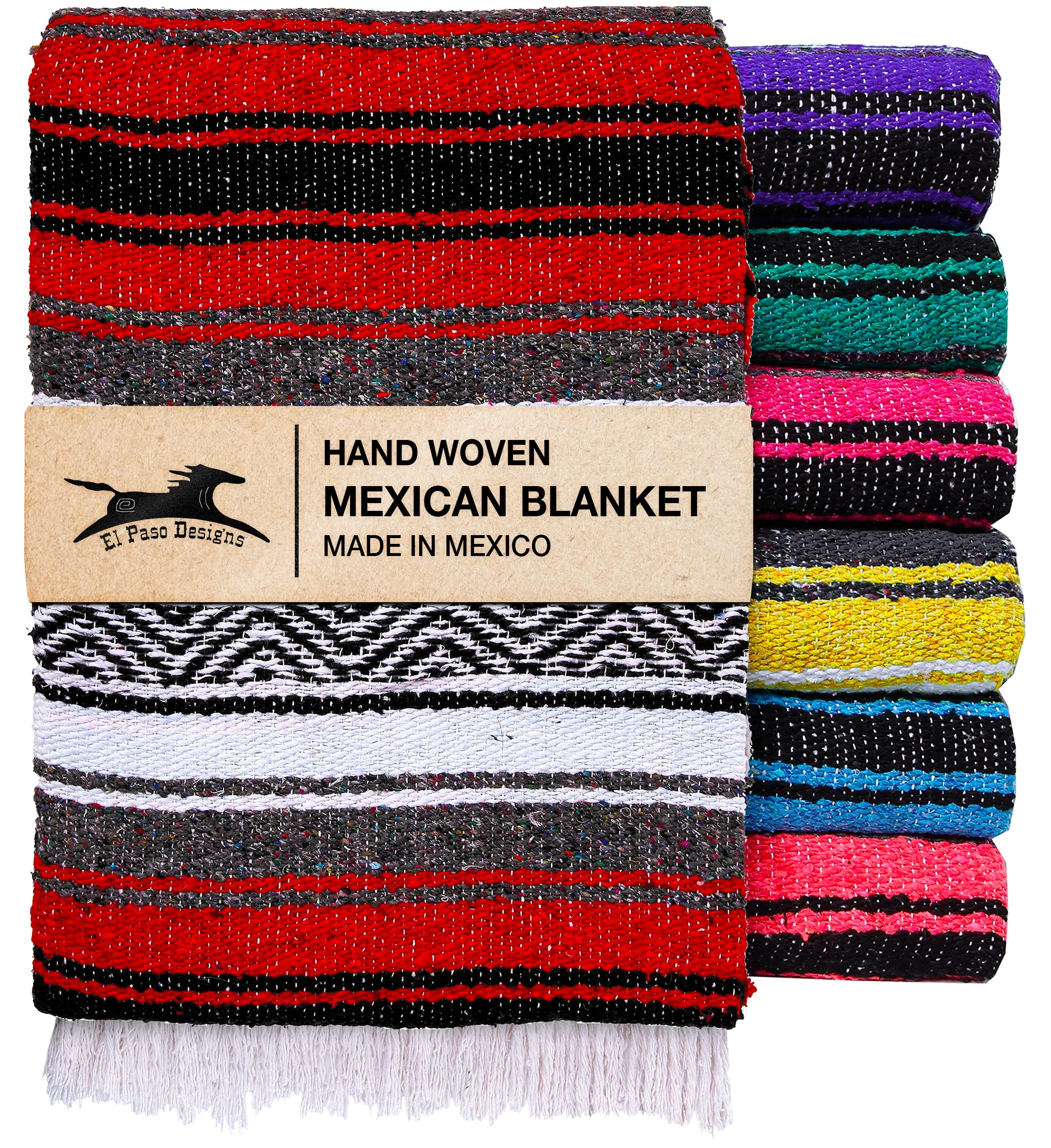El Paso Designs Mexican Yoga Blanket red tassel close-up showing hand-tied detail for authentic warmth