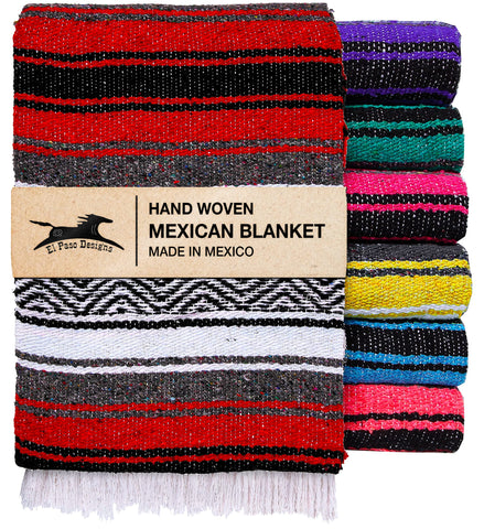 El Paso Designs Mexican Yoga Blanket red tassel close-up showing hand-tied detail for authentic warmth