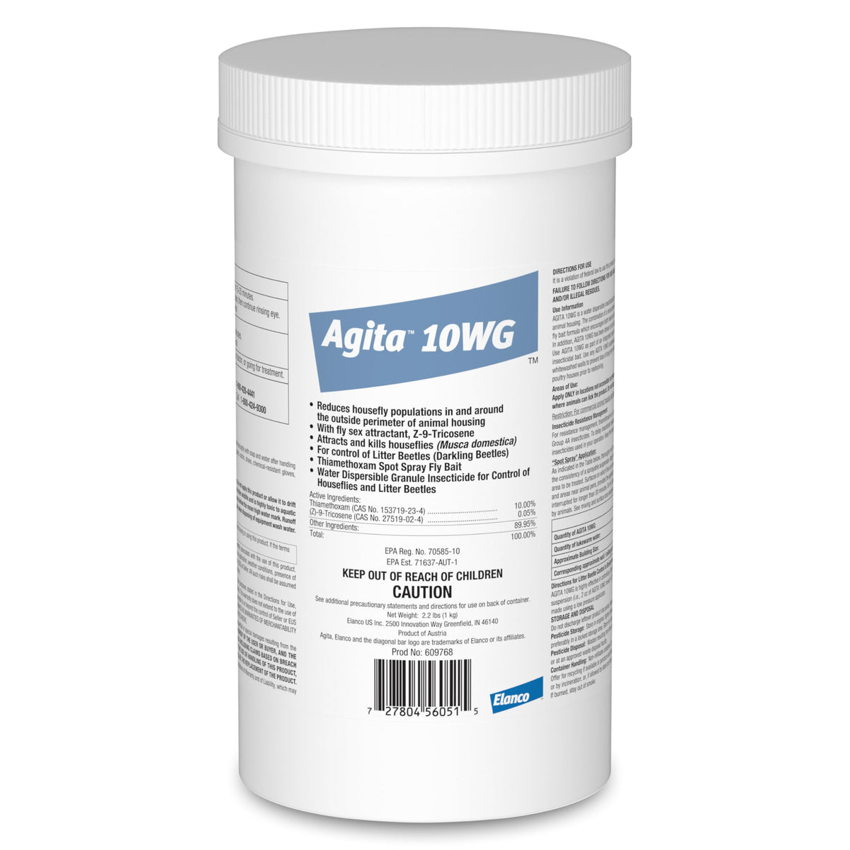 Elanco Agita 10 WG jar labeled for reliable pest control around animal housing