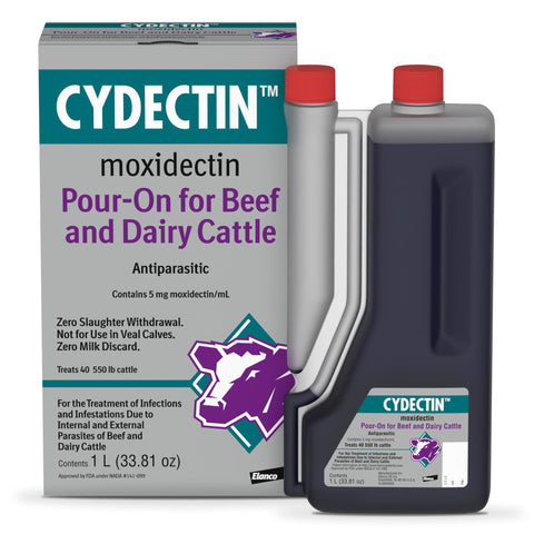 Elanco Cydectin Pour-On 1L bottle ready for cattle treatment.