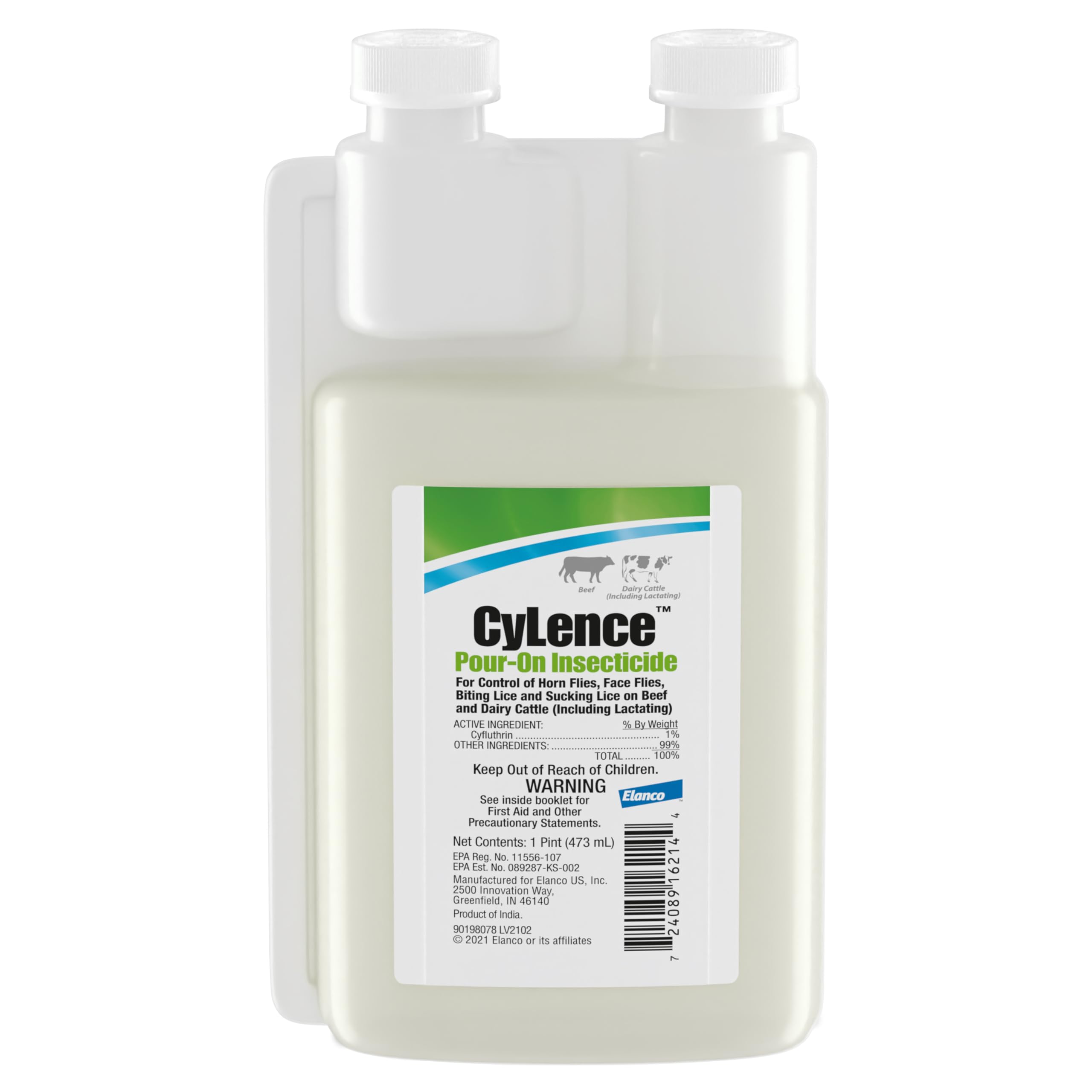 Elanco CyLence pour-on applied to cattle back for fly and lice control on beef and dairy.