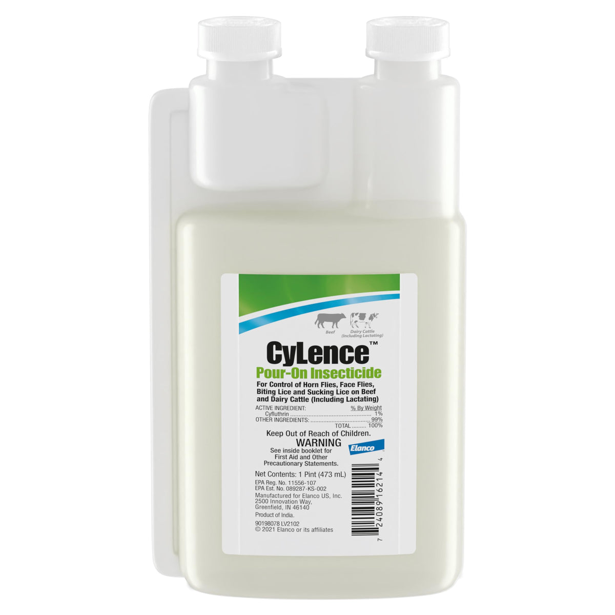 Elanco CyLence pour-on applied to cattle back for fly and lice control on beef and dairy.