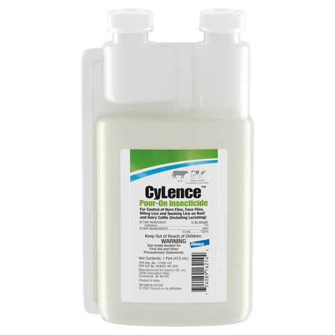 Elanco CyLence pour-on applied to cattle back for fly and lice control on beef and dairy.