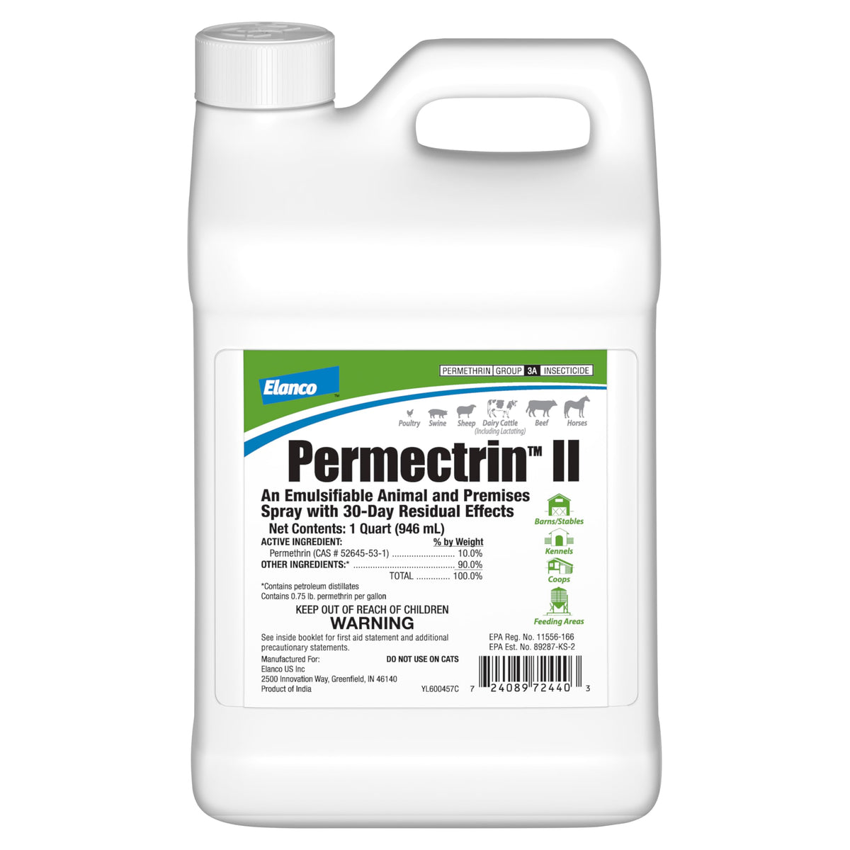 Elanco Permectrin II insecticide bottle shown for farm use with lasting pest protection.