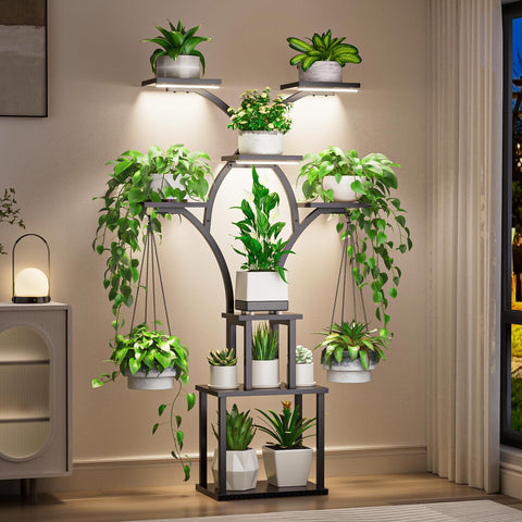 Elbourn plant stand with grow lights 60-inch height illuminates multiple tiers for healthy indoor plants.