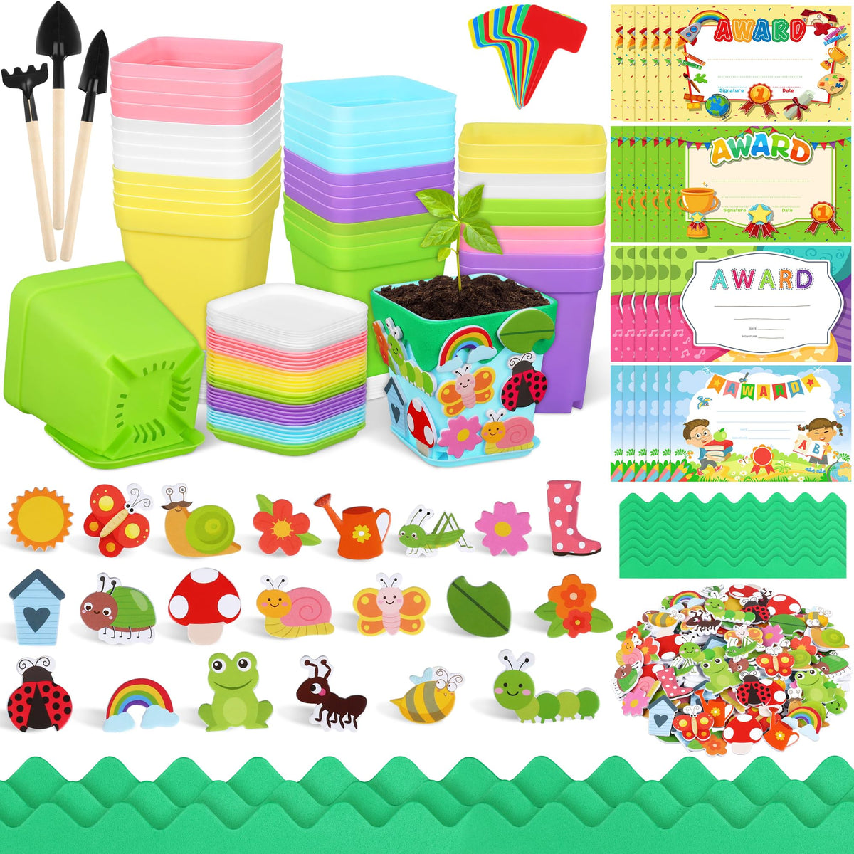 Elcoho garden pot kit display with colorful pots for kids' planting activity