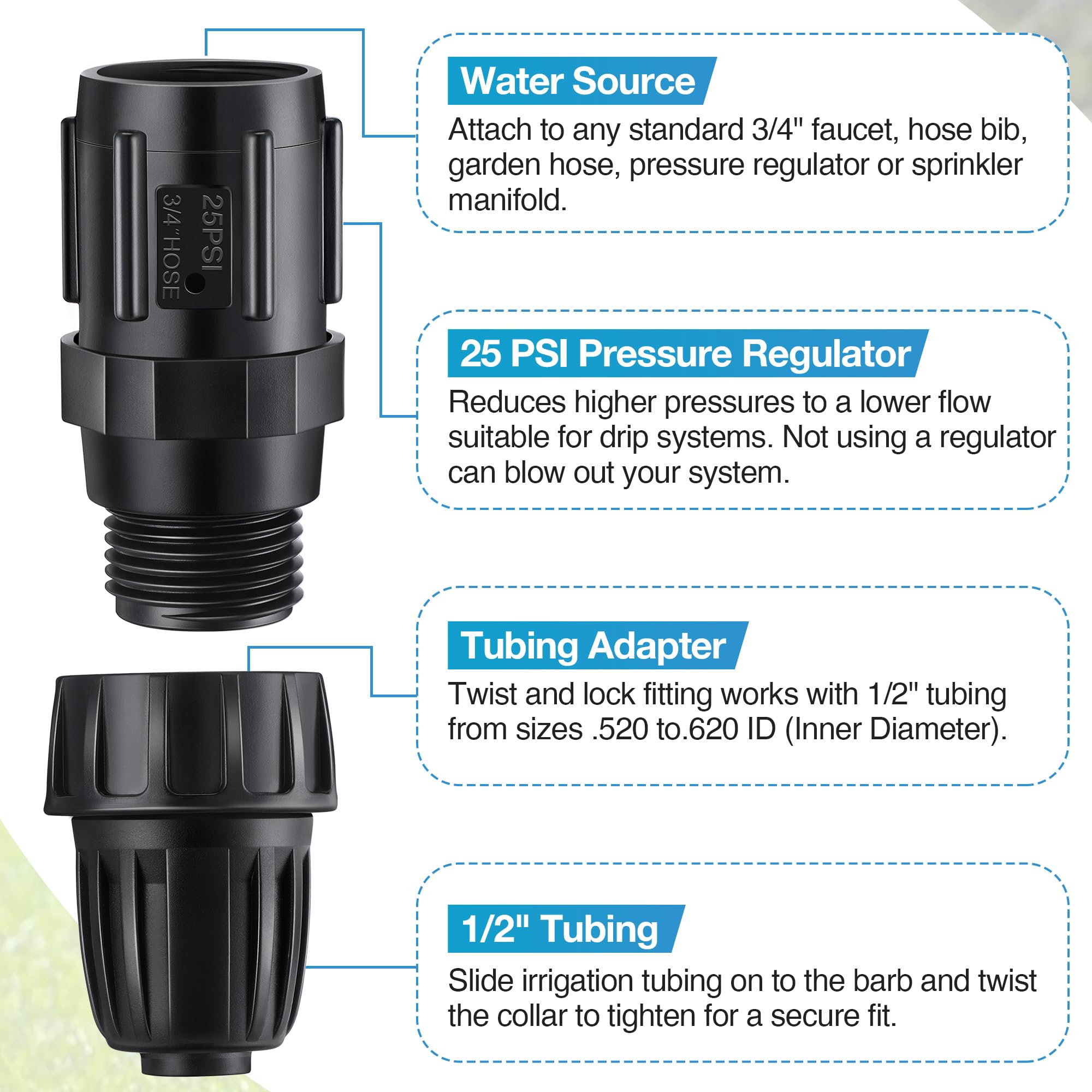 ElectricWise 3-4 FHT to 3-4 MHT connection highlighting faucet to drip line compatibility.
