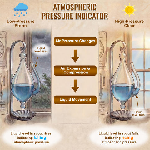 Spout shows liquid movement indicating atmospheric pressure trends.