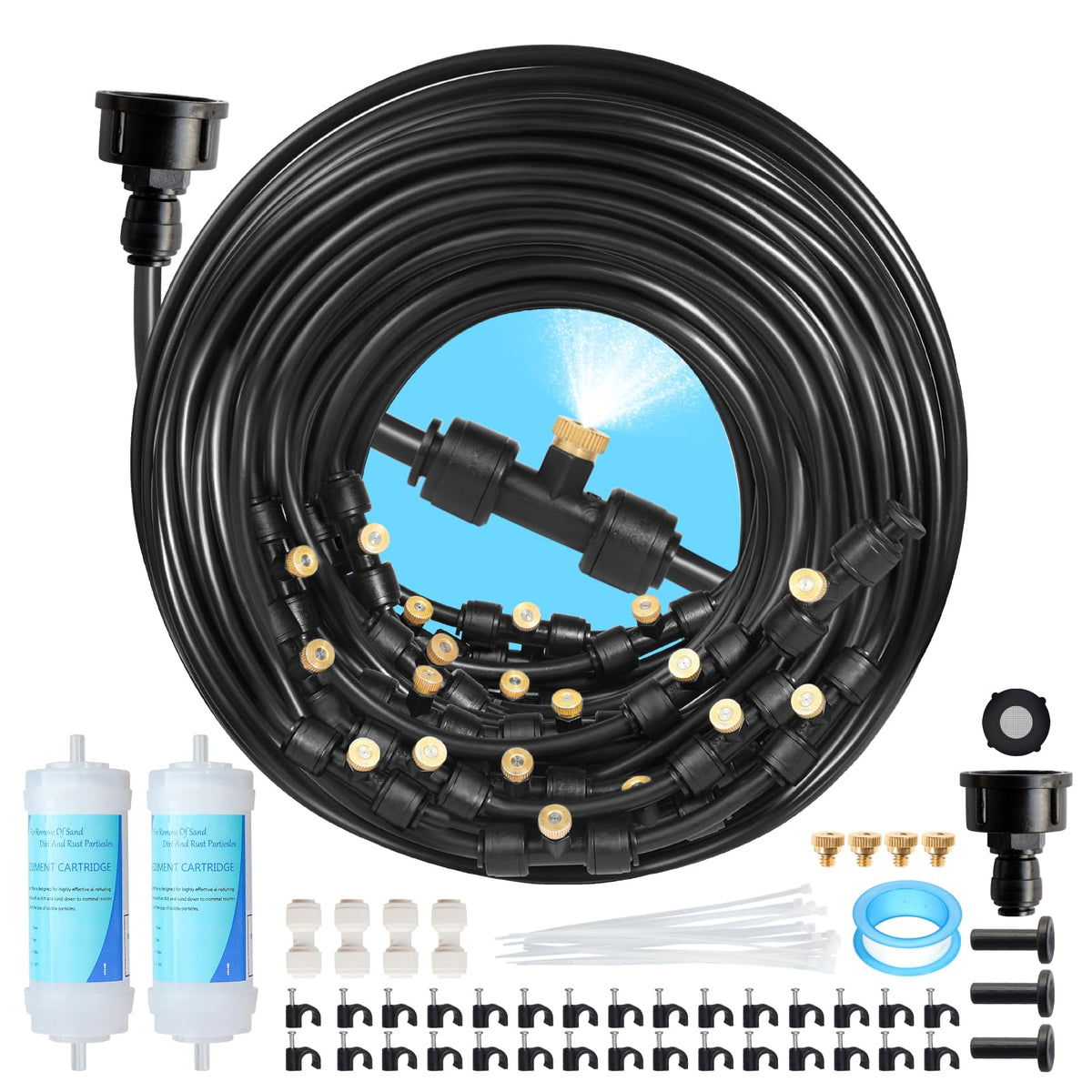 Eledom 85ft mister tubing and nozzles laid out for easy cooling setup