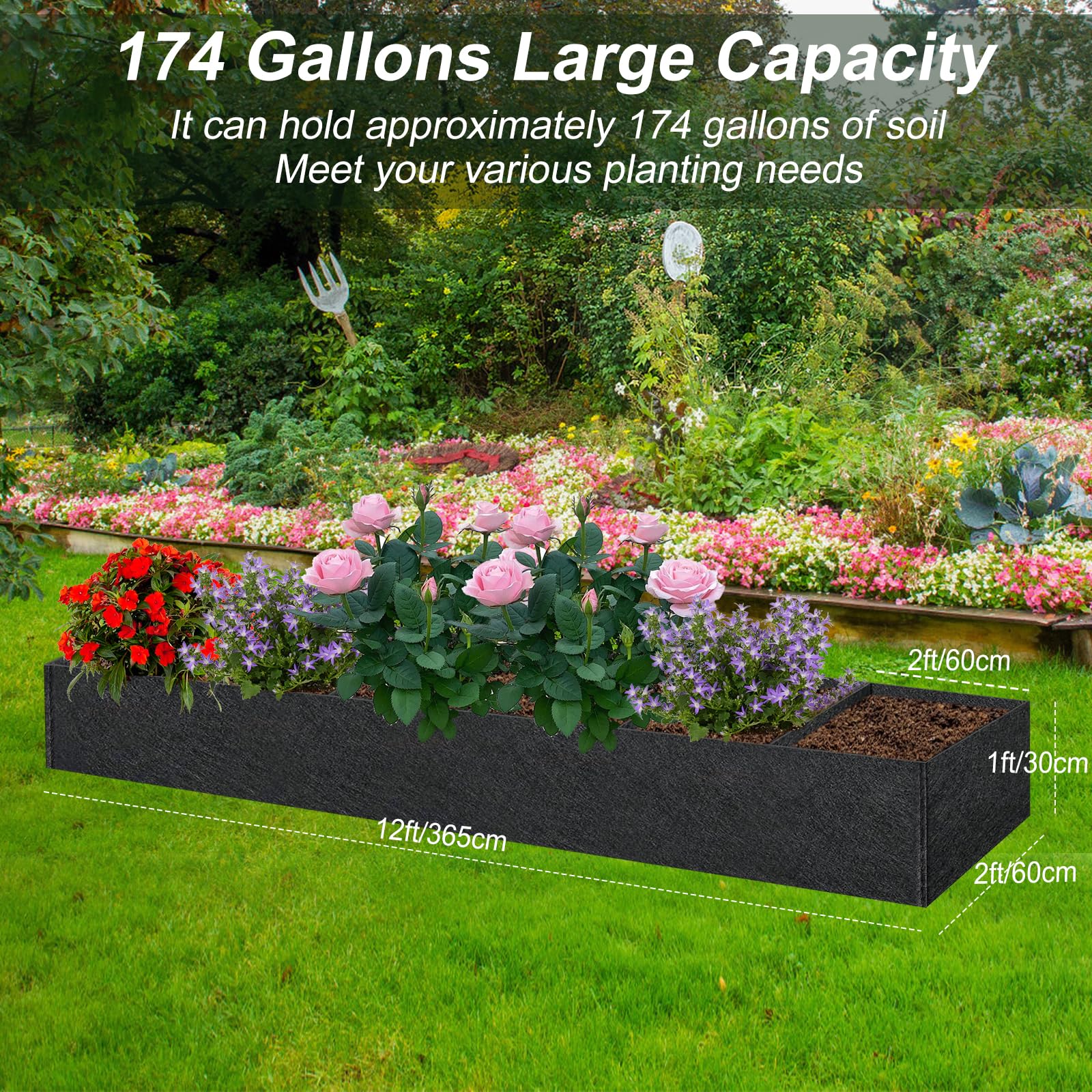 Elefama 12x2x1ft fabric planter box provides ample root space for diverse crops.